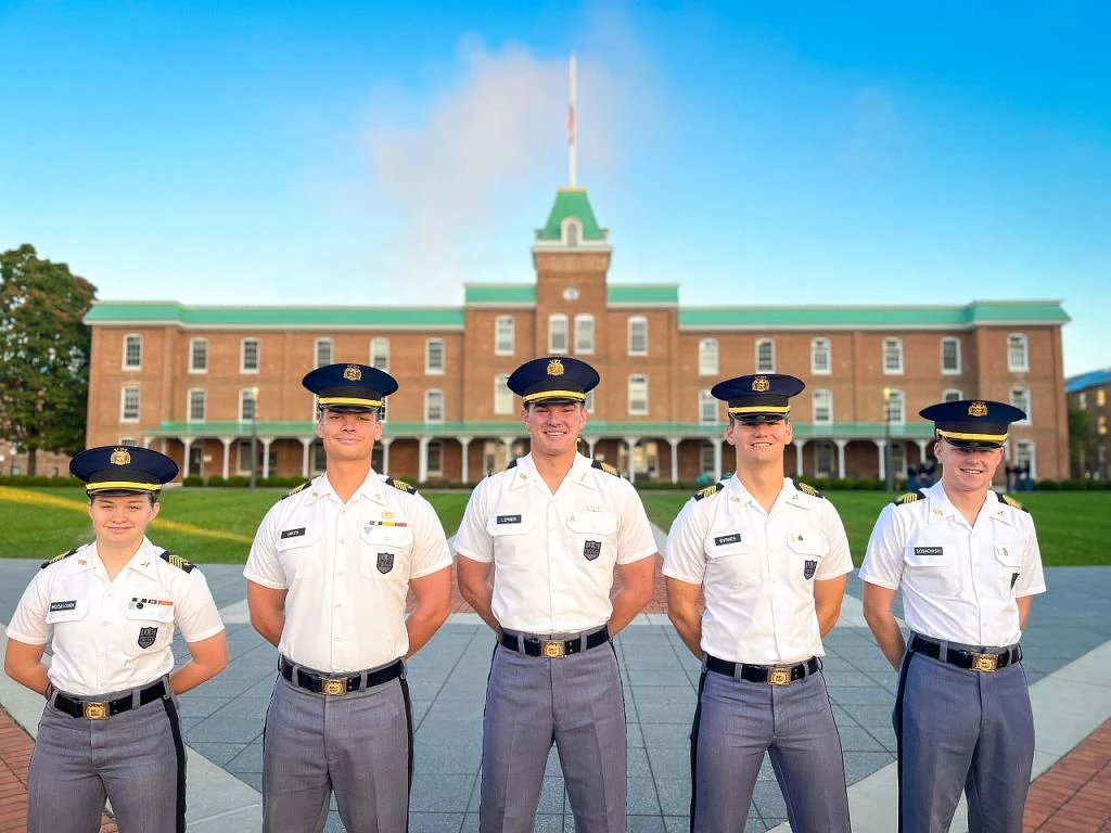 (From left) Cadets Camden McCullough, CJ Girts, Isaac Lerner, Aidan Byrnes, and William Sosnowski are the regimental and battalion leaders for this fall semester. Photo by Katie Mallory for Virginia Tech.