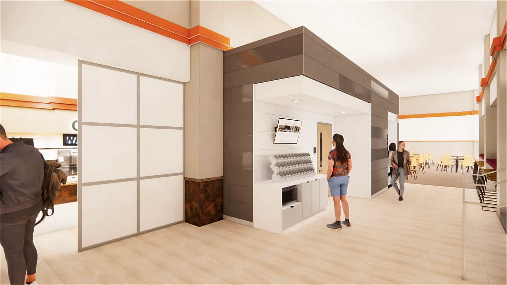 A digital rendering of the outside of the new restroom space at Owen's Food Court, currently being renovated.
