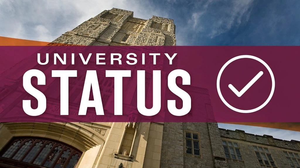 A stone university building is shown with the words "UNIVERSITY STATUS" and a checkmark overlayed on the image.