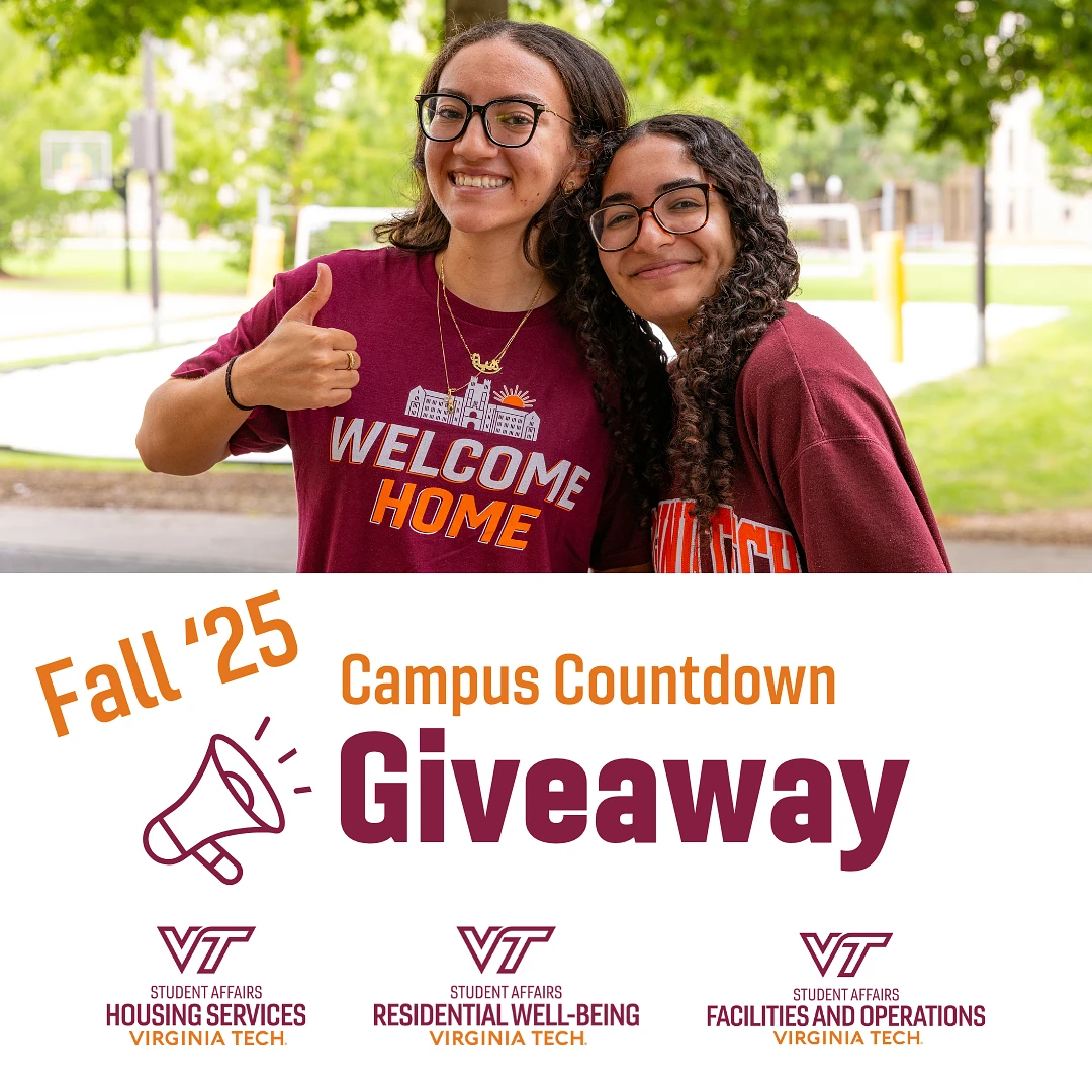 Two people smiling with a text overlay promoting a Fall '25 Campus Countdown Giveaway at Virginia Tech.