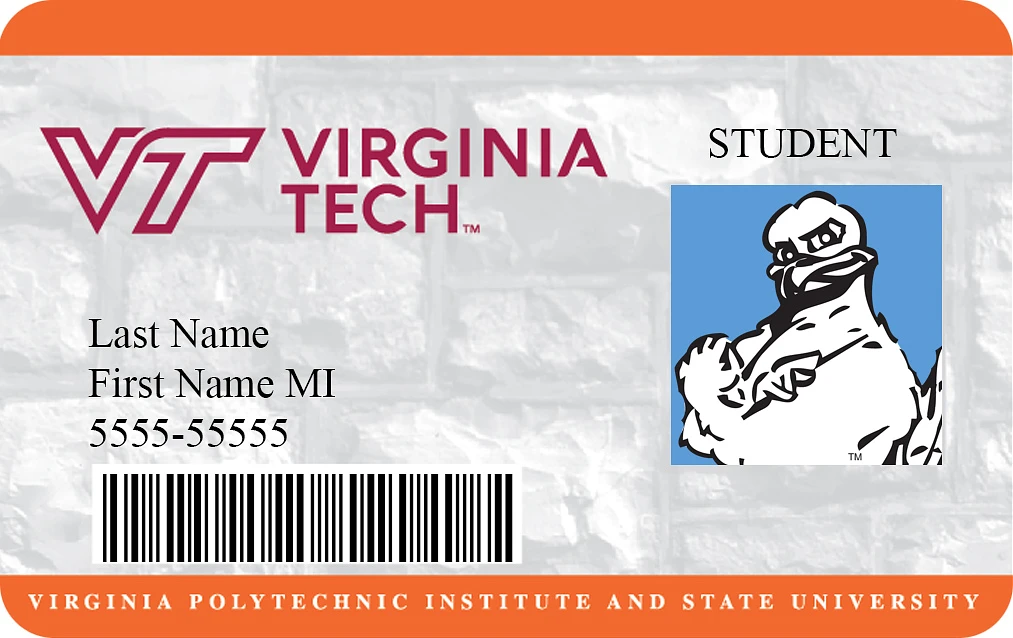 The image is a sample Virginia Tech student ID card featuring the university's logo, a cartoon mascot, and placeholder text for personal details.