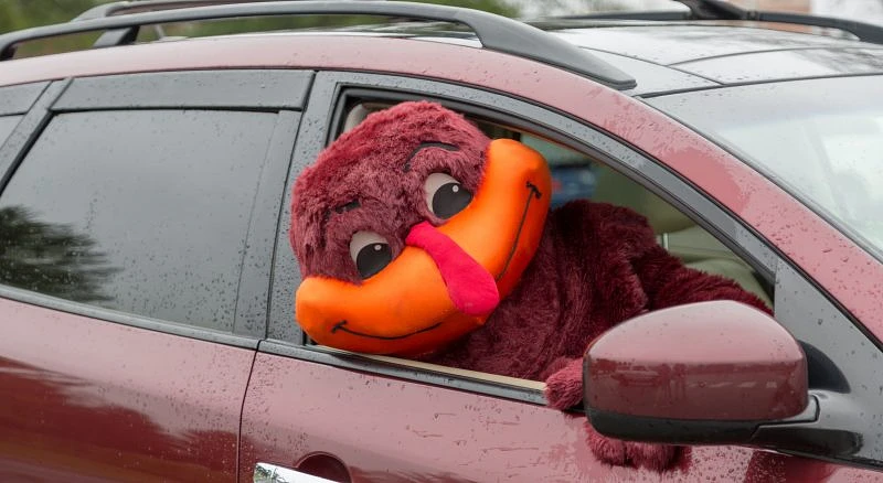 A person in a colorful mascot costume leans out of a car window on a rainy day.