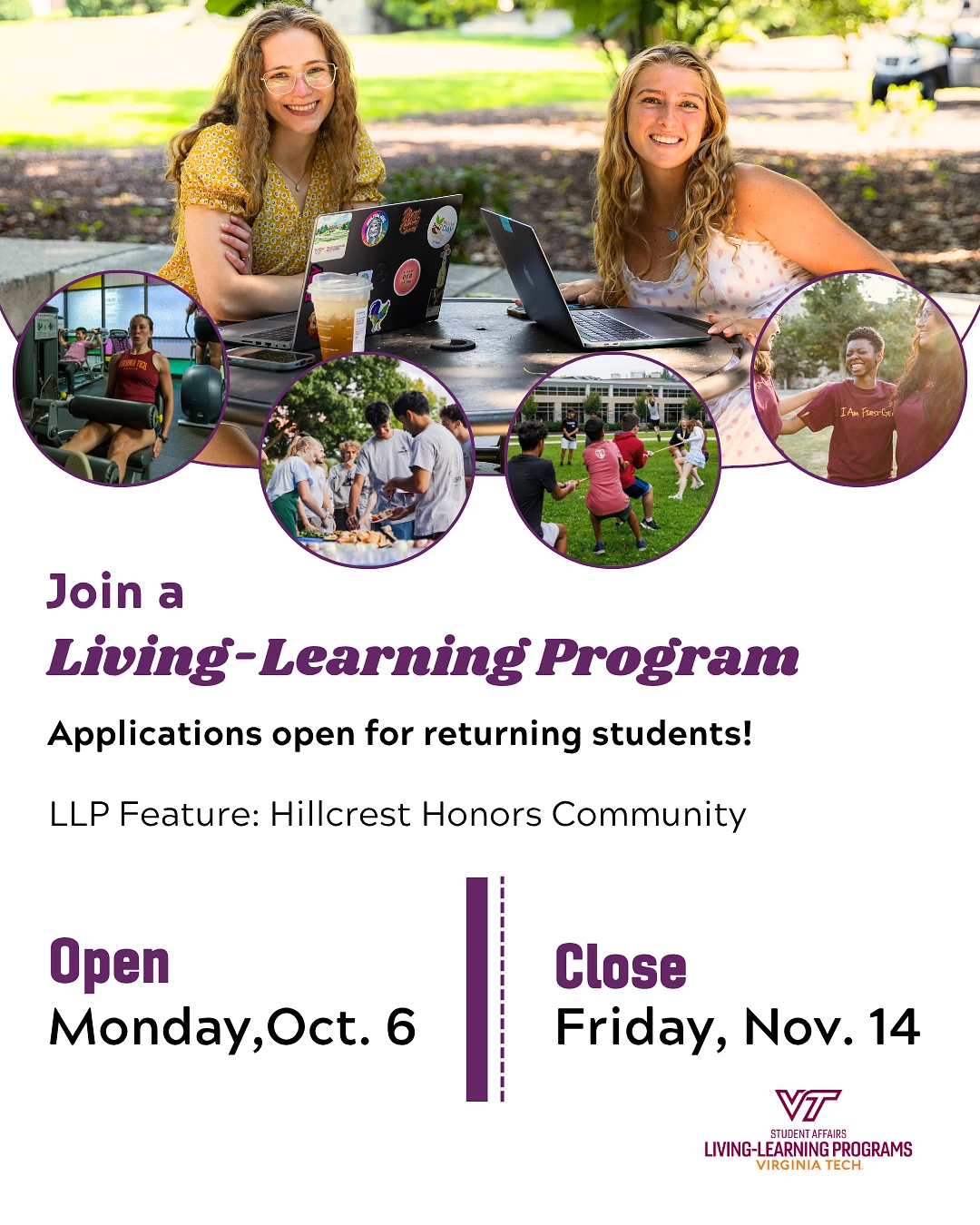 The image promotes the Living-Learning Program at Virginia Tech, featuring the Hillcrest Honors Community, with applications open from October 6 to November 14.