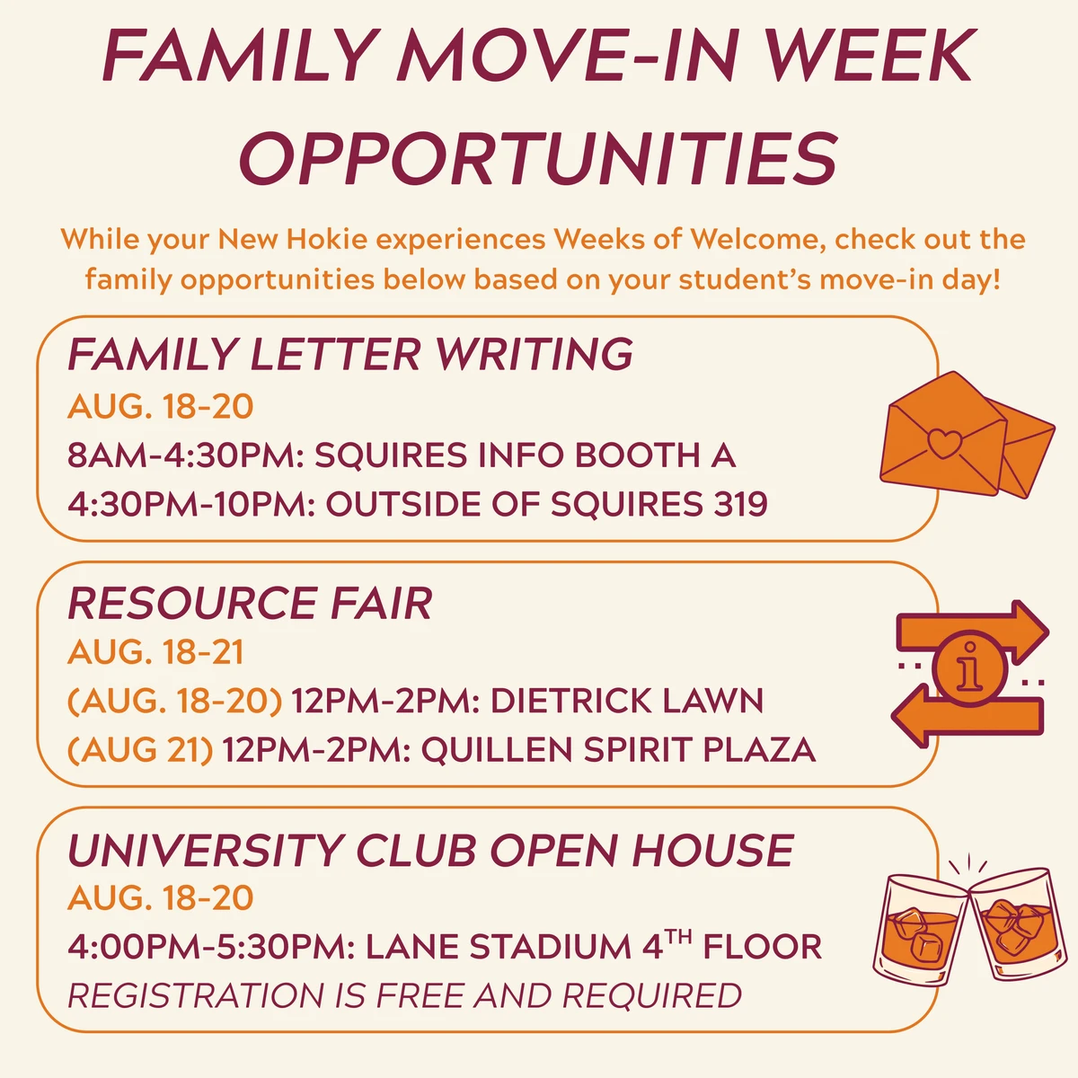 Family events for student's move-in days.