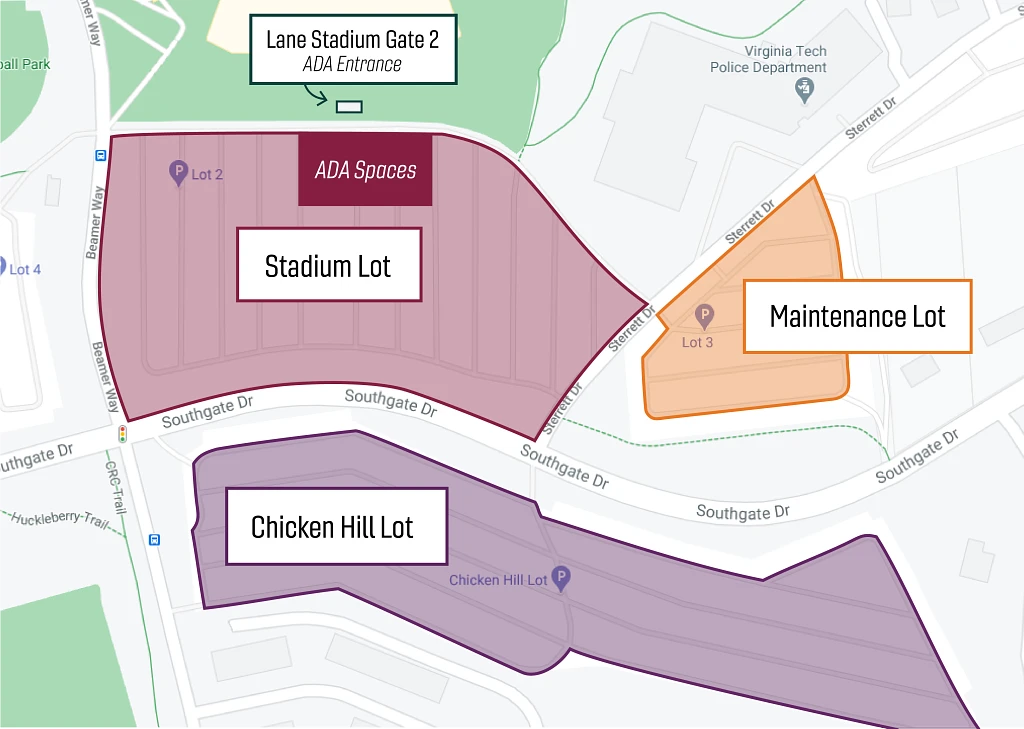 The Chicken Hill, Maintenance Lot, and Stadium Lots are all available for commencement parking.